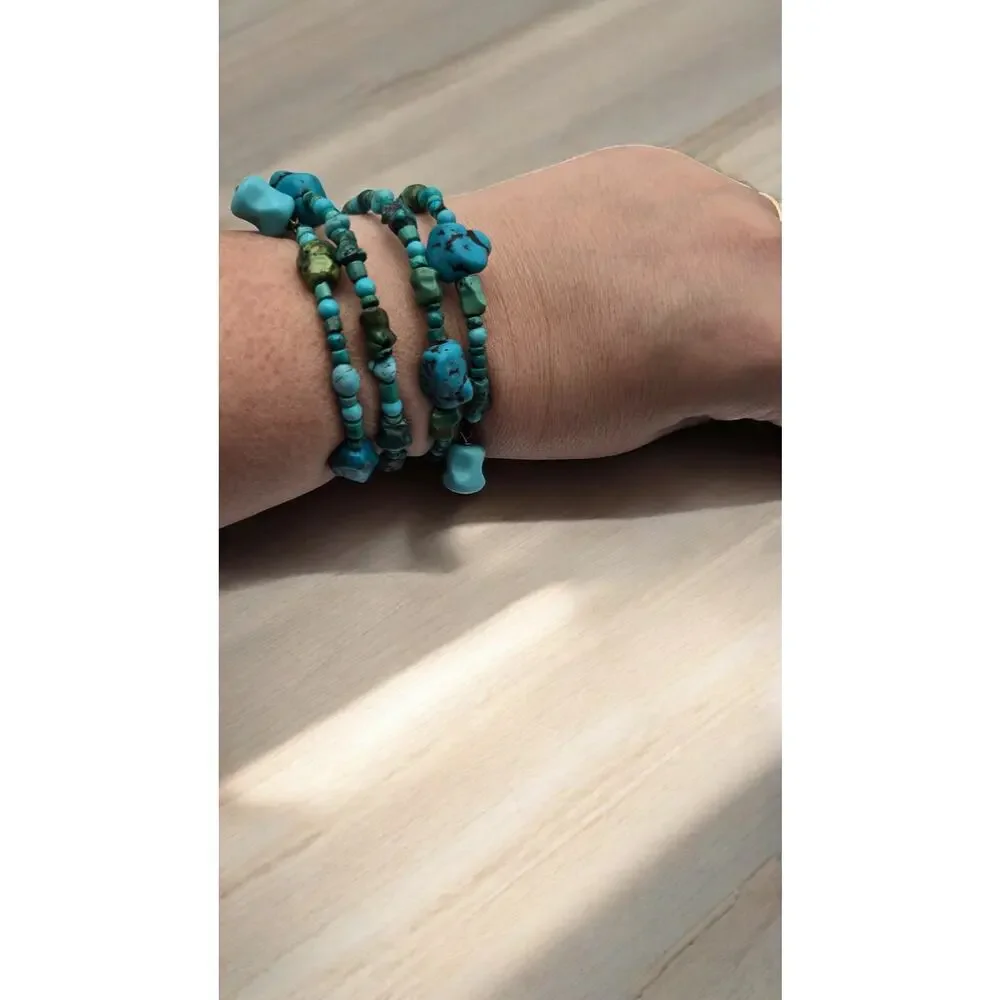 Turquoise Beaded Wrap Bracelet Boho Memory Wire Layered Southwestern
